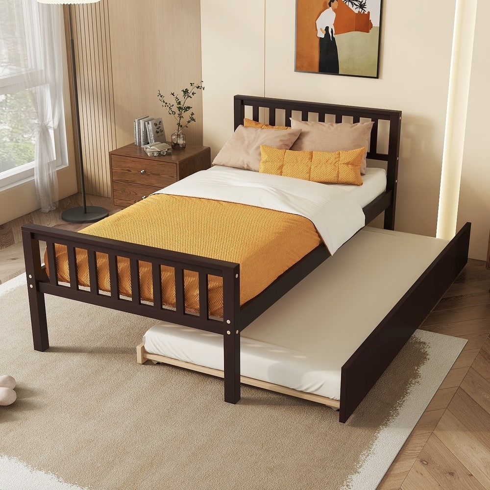 Twin Size Bed with Pull-out Trundle Bed, Platform Bed with Fence Headboard Footboard, No Box Spring Needed, Wood Slats Support