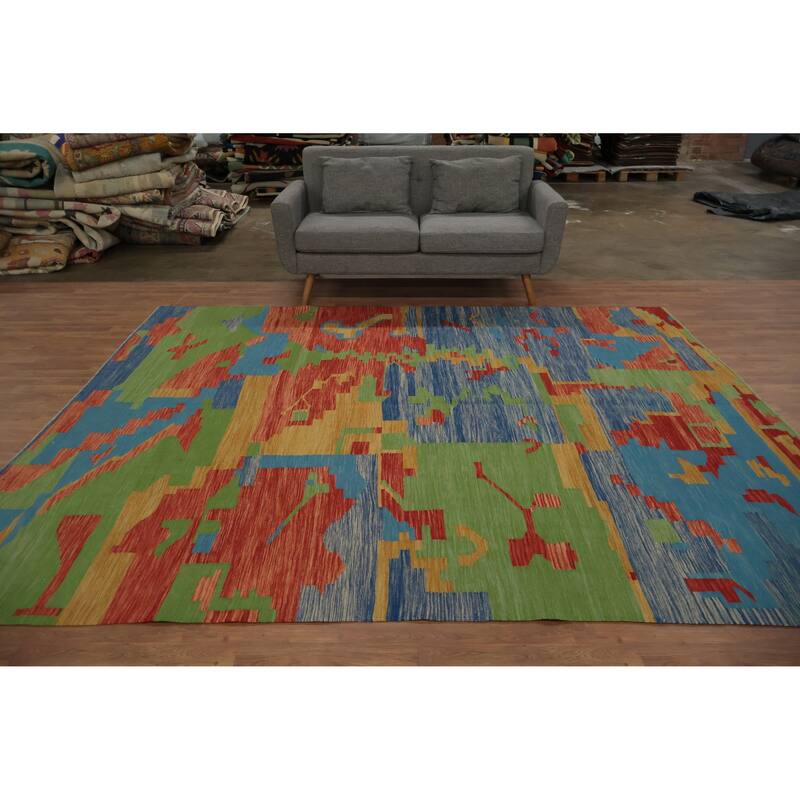 Hand Woven Oriental 100% Wool Carpet Southwestern Modern Multi-Colored Kilim Area Rug - 9' 10'' X 8' 2''
