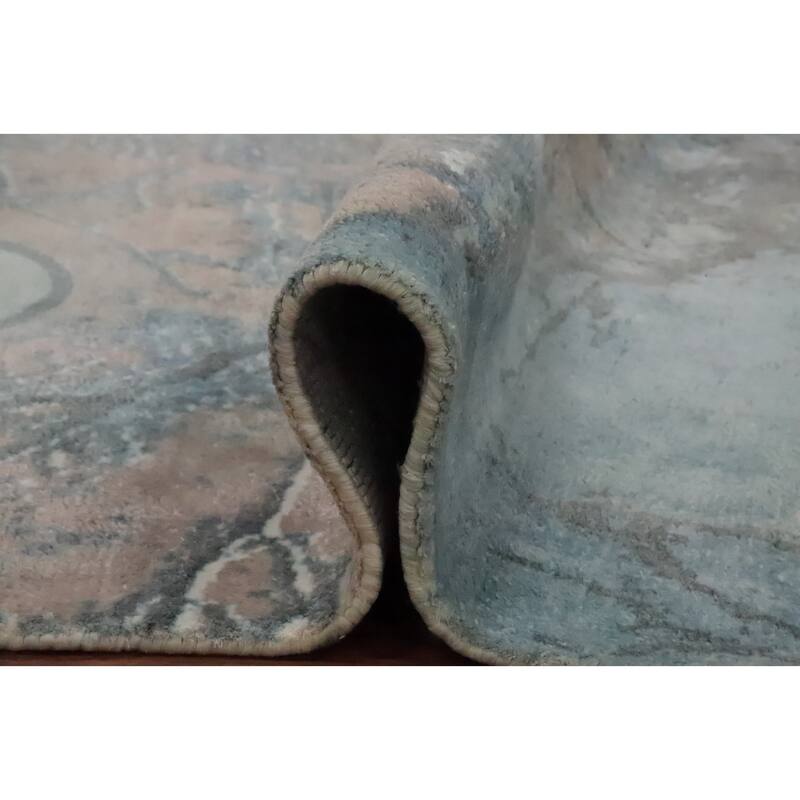 Hand Knotted Oriental Viscose Silk Carpet Modern Pictorial Navy Blue & Blues Abstract Area Rug - 7' 2'' X 5' 3''