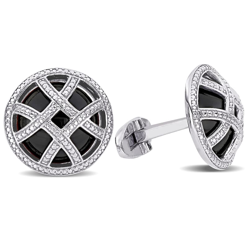 Miadora Sterling Silver 17ct TGW Black Onyx Diamond Illusion Circular Checker Cufflinks