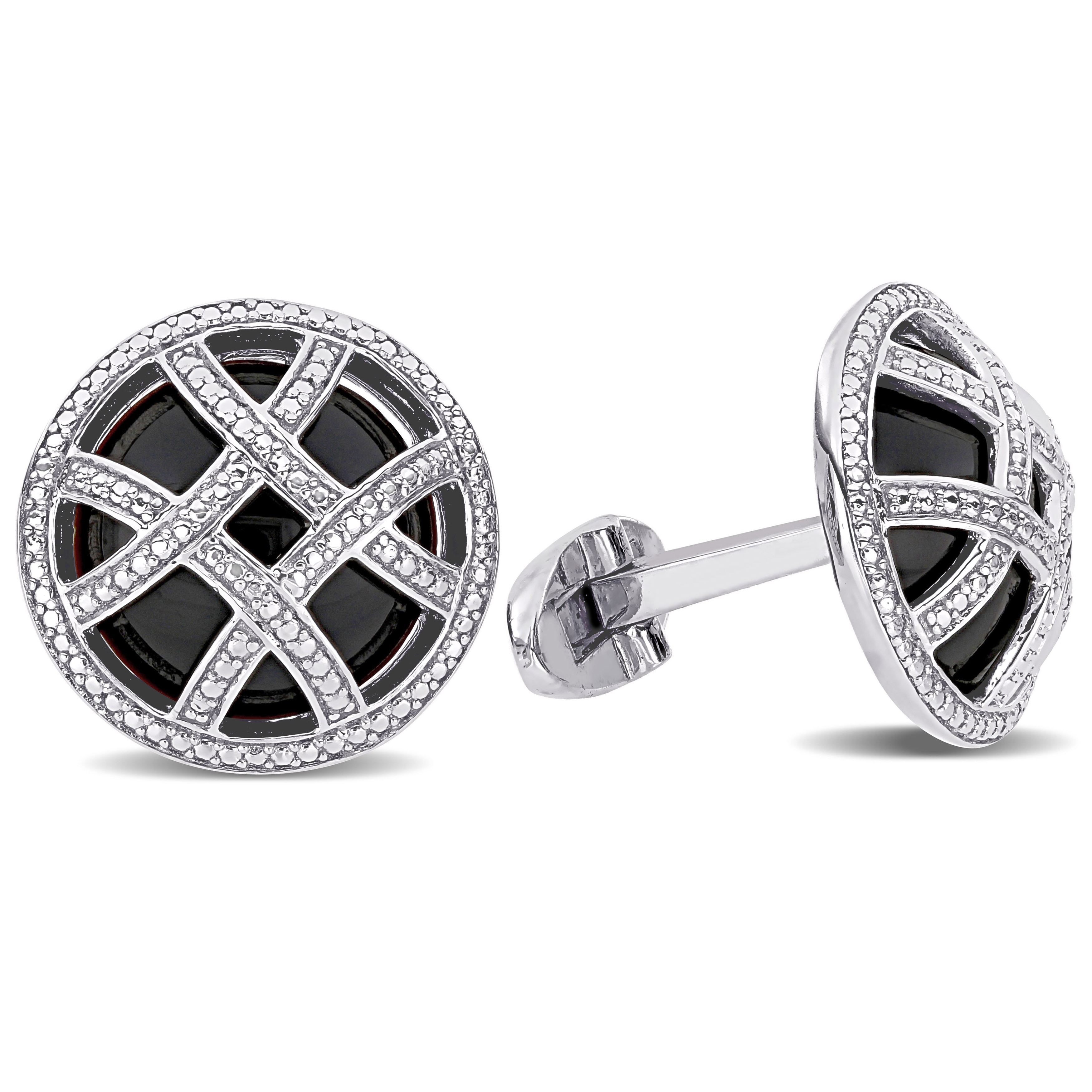 Miadora Sterling Silver 17ct TGW Black Onyx Diamond Illusion Circular Checker Cufflinks