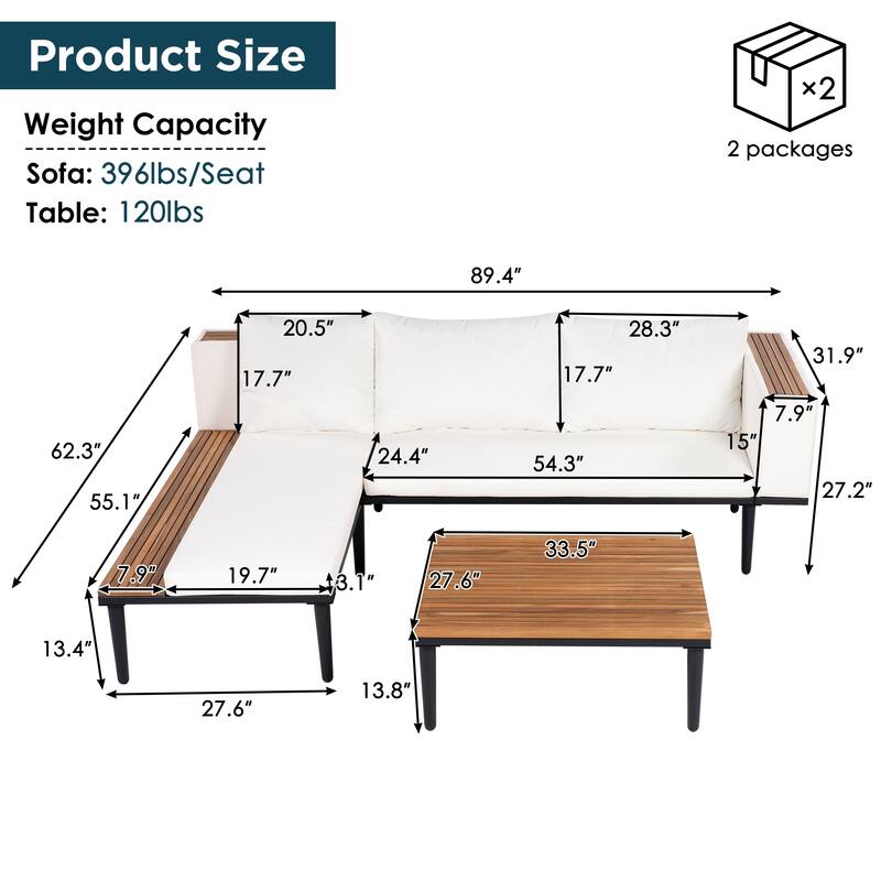 89.4" Outdoor Patio L-Shaped Acacia Wood Sectional Sofa Set with Coffee Table and Side Table