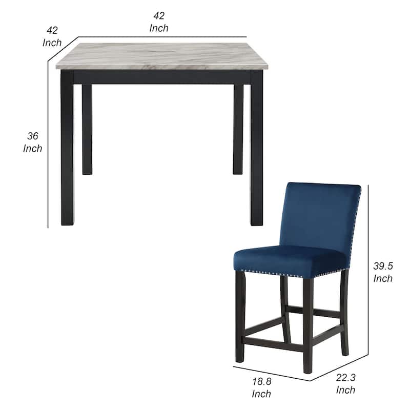 Jordan 5 Piece Counter Height Table Set, 4 Chairs, Wood, Royal Blue Velvet