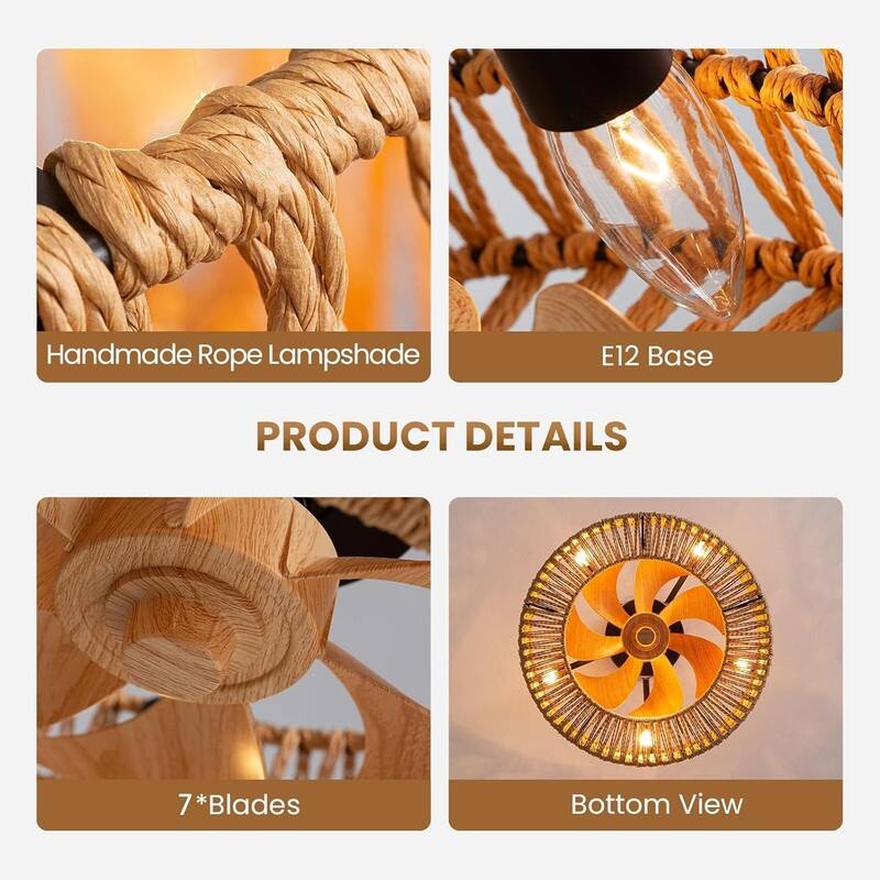 18 in. Boho Caged Ceiling Fan with Light Rattan Farmhouse Fandelier Low Profile Ceiling Fan for Bedroom Kitchen Living Room