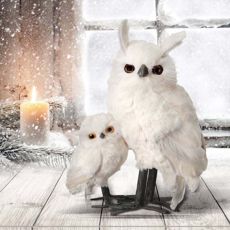 11.5" White Furred Snow Owl W/Baby