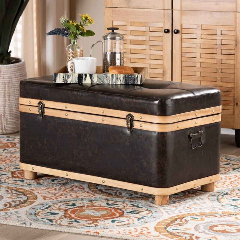 Modern Rustic Transitional Dark Brown Faux Leather Upholstered and Oak Brown Finished Wood Large Storage Ottoman - Dark Brown
