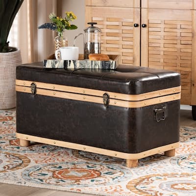 Modern Rustic Transitional Dark Brown Faux Leather Upholstered and Oak Brown Finished Wood Large Storage Ottoman