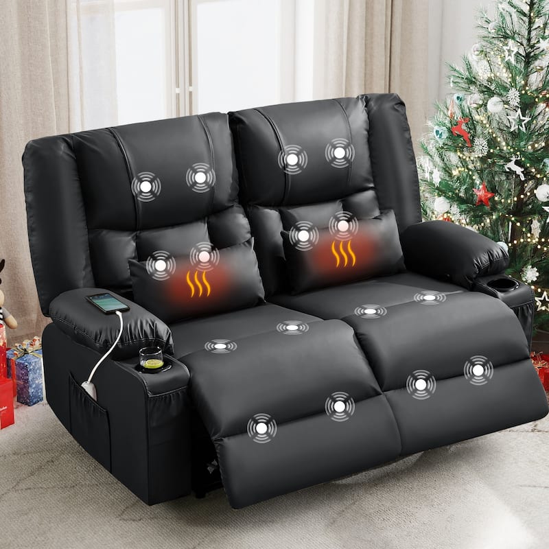 Manual Recliner Loveseat with Massage & Heating, Cup Holders & Side Pocket for Living Room