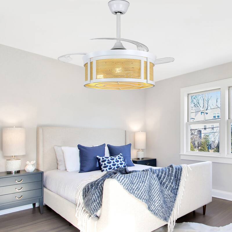 Cusp Barn 42'' Retractable Ceiling Fan with Lights and Remote, Boho Rattan Fandelier, Farmhouse Caged Chandelier Ceiling Fan