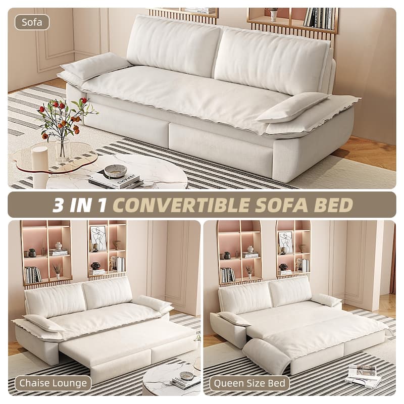 73" Queen Convertible Sleeper Sofa, 3-in-1 Pull Out Sofa Bed, Velvet Upholstery, Space-Saving Loveseat for Small Spaces - Beige