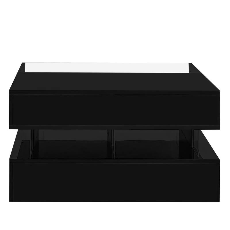 Lift-Top Coffee Table with 2 Drawers, Modern Square Center Table w/ Glass Top and High-Gloss Finish & LED Lights for Living Room