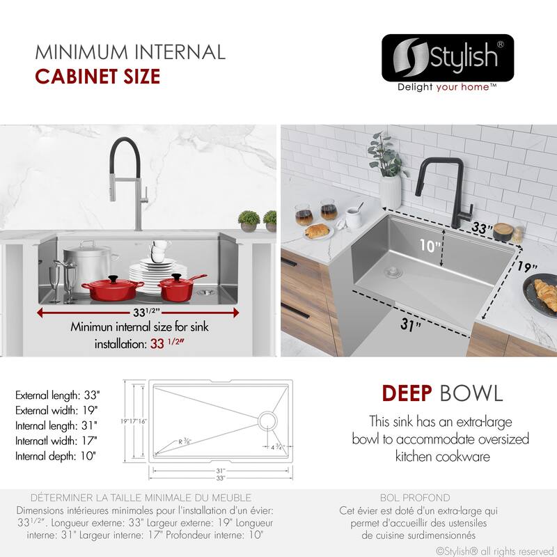 Undermount 33" Stainless Steel Single-Bowl Kitchen Sink Handmade - 33" x 19" x 10"