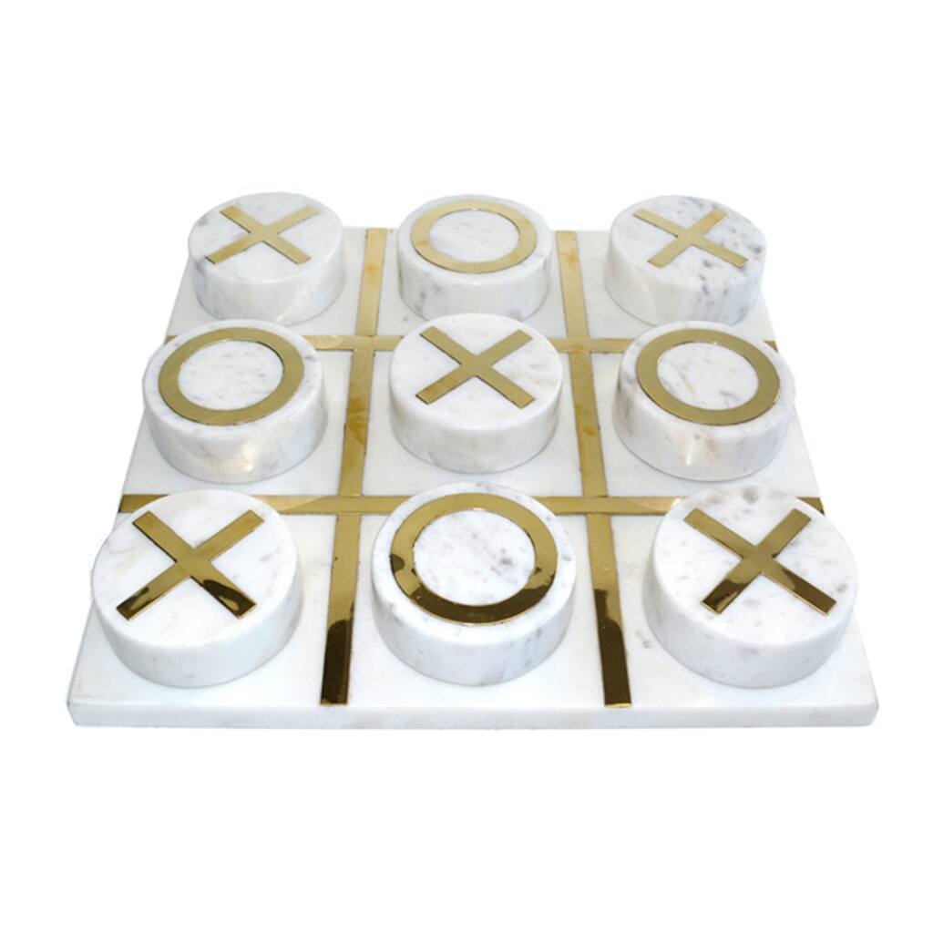 12" x 12" Marble Tic-Tac-Toe Board Contemporary White and Gold Decorative Tic Tac Toe Game Decor Accent for Home or