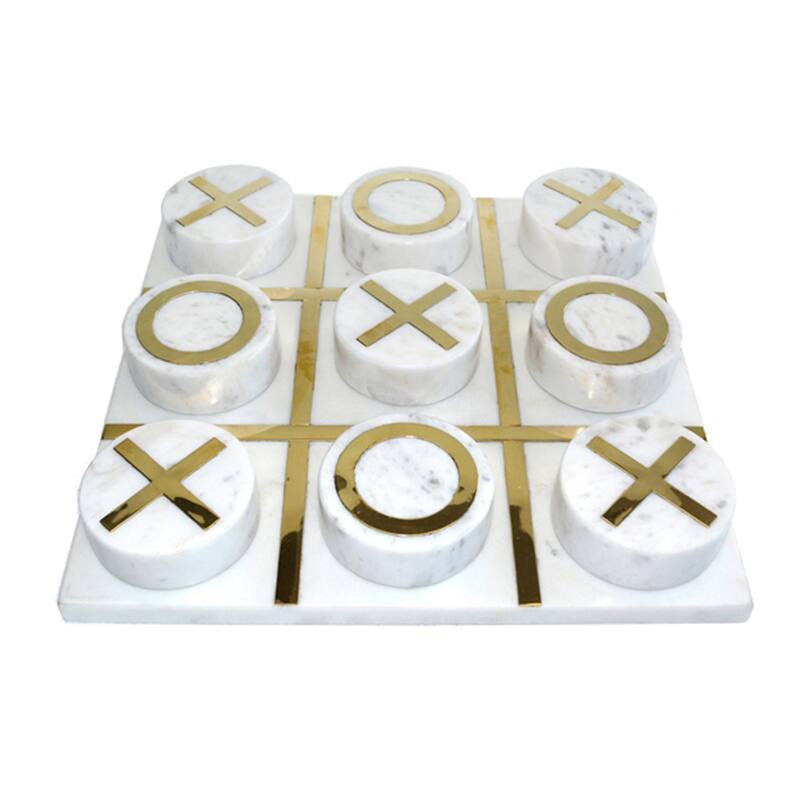 Decorative Tic Tac Toe Game Contemporary Stylish White, Black and Gold Marble Family Game Night Tic-Tac-Toe Board - 12" x 12" x 3"