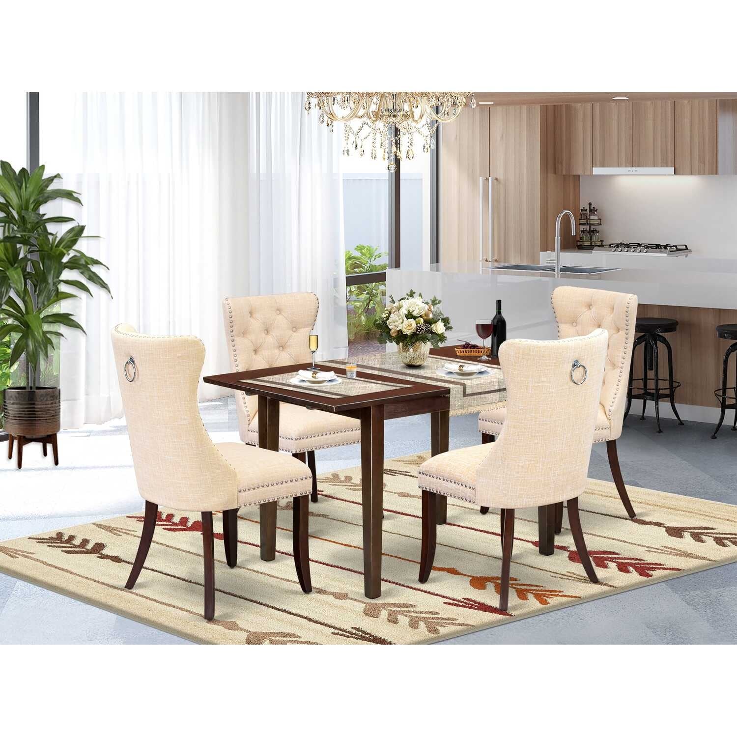 5-Piece Mahogany Finish Solid Wood Top - Rectangular Upholstered Dining Room Set - Seats 4