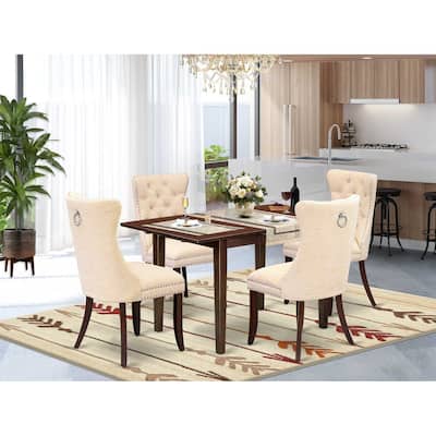 5-Piece Mahogany Finish Solid Wood Top - Rectangular Upholstered Dining Room Set - Seats 4