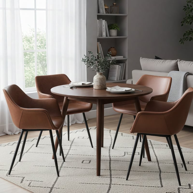 Markley Modern Leather Upholstered Dining Side Chairs with Black Iron Legs Accent Armchair for Home Kitchen Set of 4 - Light Brown