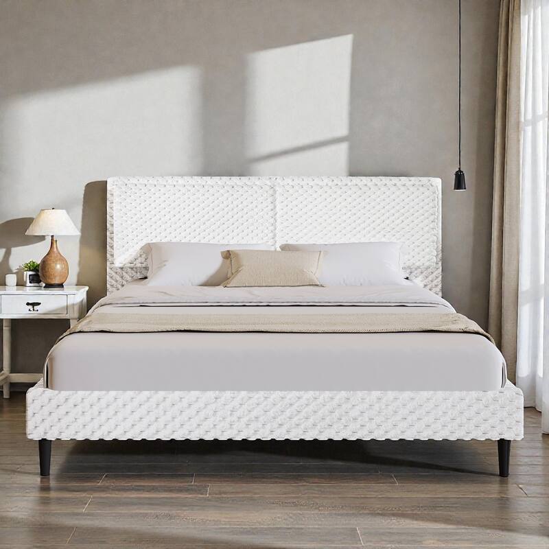 Modern Plush Upholstered Bed with Soft Padded Backrest, Solid Wood Frame & Rounded Safety Design, Queen/King