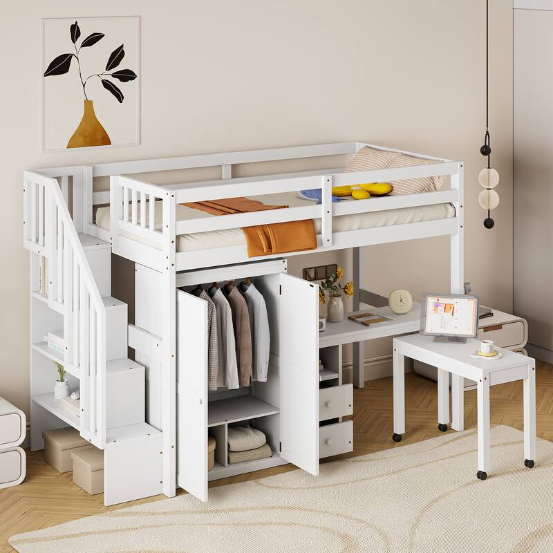 Twin Size Loft Bed with Stairs, Bookshelf, Desk & Wardrobe - Space-Saving Multifunctional Furniture for Kids & Teens-White - White