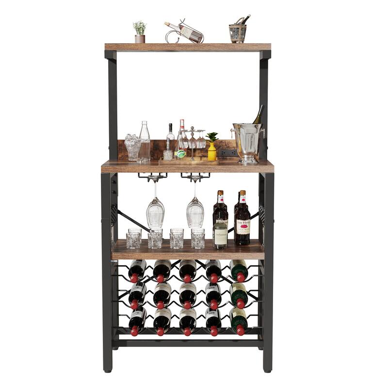 Freestanding Floor Wine Rack Table with Power Outlet Bottle Shelf and Glass Holder Home Bakers Rack