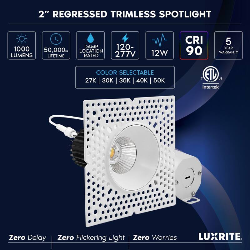 Luxrite 2" Push-n-Lock Trimless LED Recessed Light 12W 1000LM 5CCT 38° Dimmable Damp Rated IC Rated