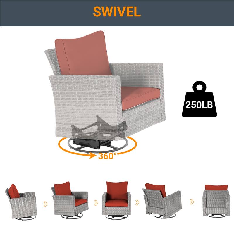 LIVOOSUN 3-Piece Patio Sofa Set Outdoor Rattan Swivel Rocking Chair Glass Table