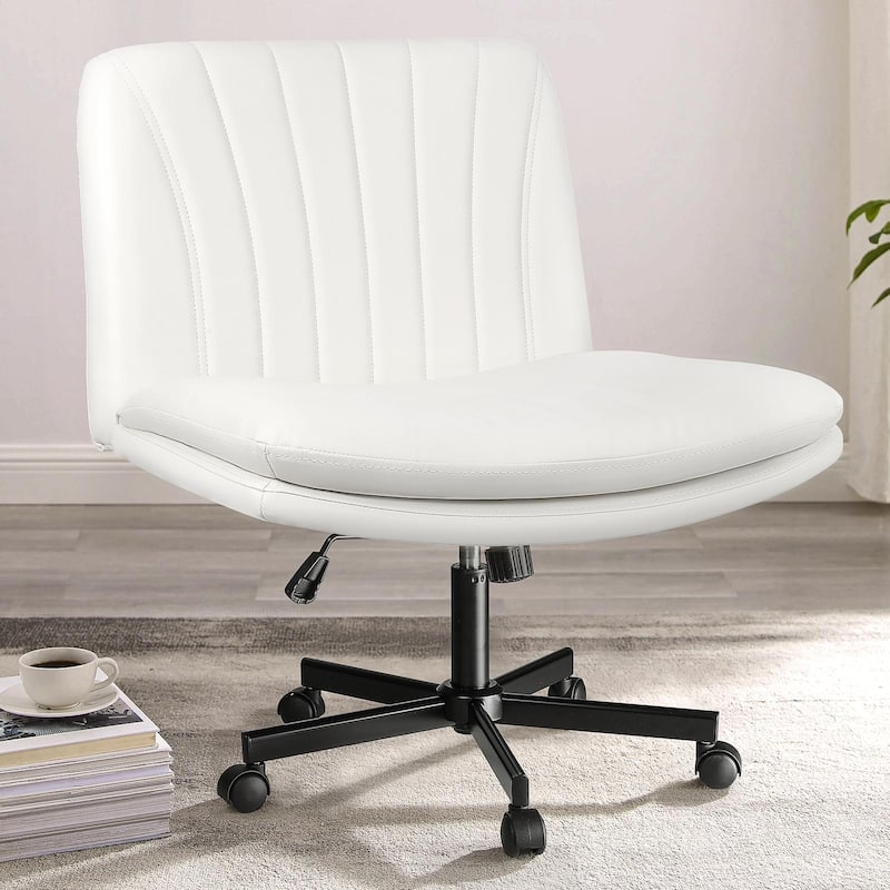 Bossin Criss Cross Chair with Wheels,PU Leather Armless Cross Legged Office chair, Adjustable Wide Seat Task Vanity Chair