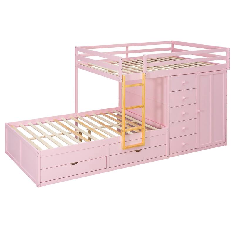 Full Size Bunk Bed with 2 Large Drawers & 5 Small Drawers, MDF & Solid Wood Construction