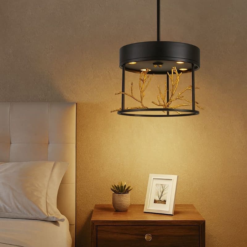 5-Light Matte Black Pendant With Gold Branch Accents