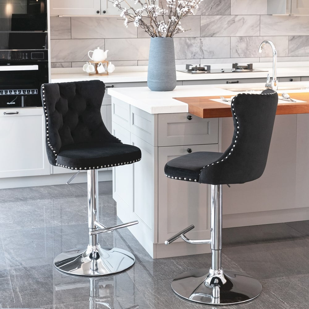 Roomfitters Swivel Velvet Bar Stools Set of 2, Adjustable Height Tufted Counter Chairs with Chrome Base and Nailhead Trim