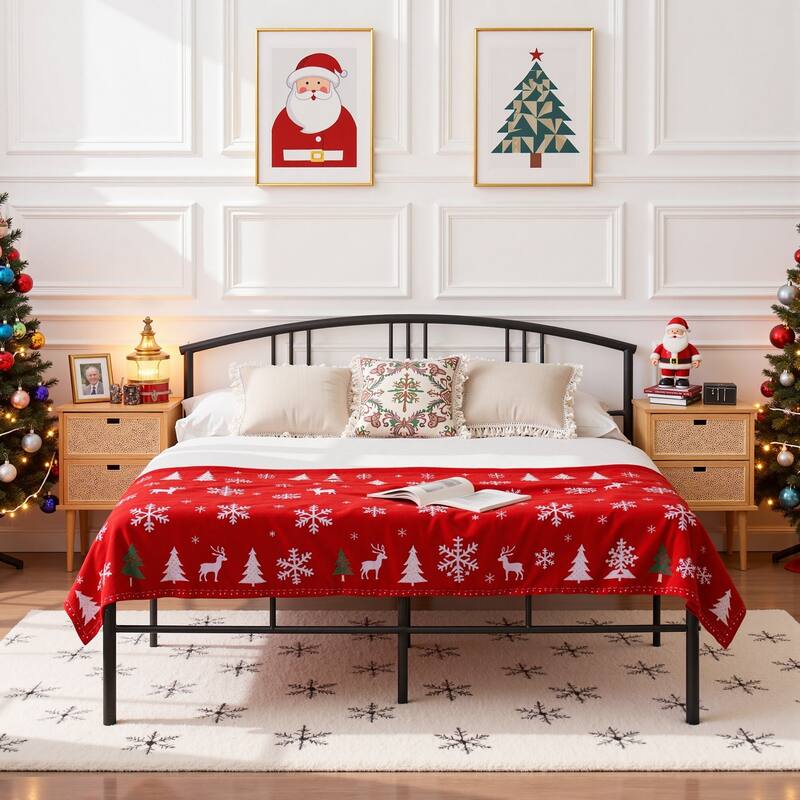 VECELO Metal Platform Bed Frame with Curved Slatted Headboard No Box Spring Needed Heavy Duty Bed for Adults Kids - Black - Full
