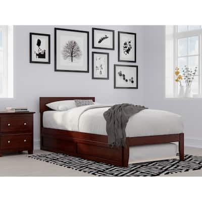 Twin XL Platform Bed with Trundle - Opulence Design - No Box Spring Needed - Walnut Finish