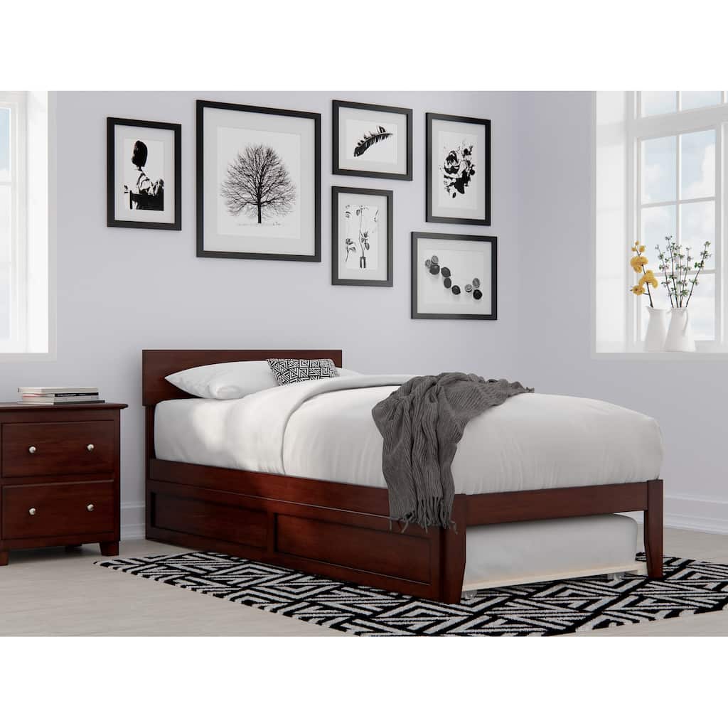 Twin XL Platform Bed with Trundle - Opulence Design - No Box Spring Needed - Walnut Finish