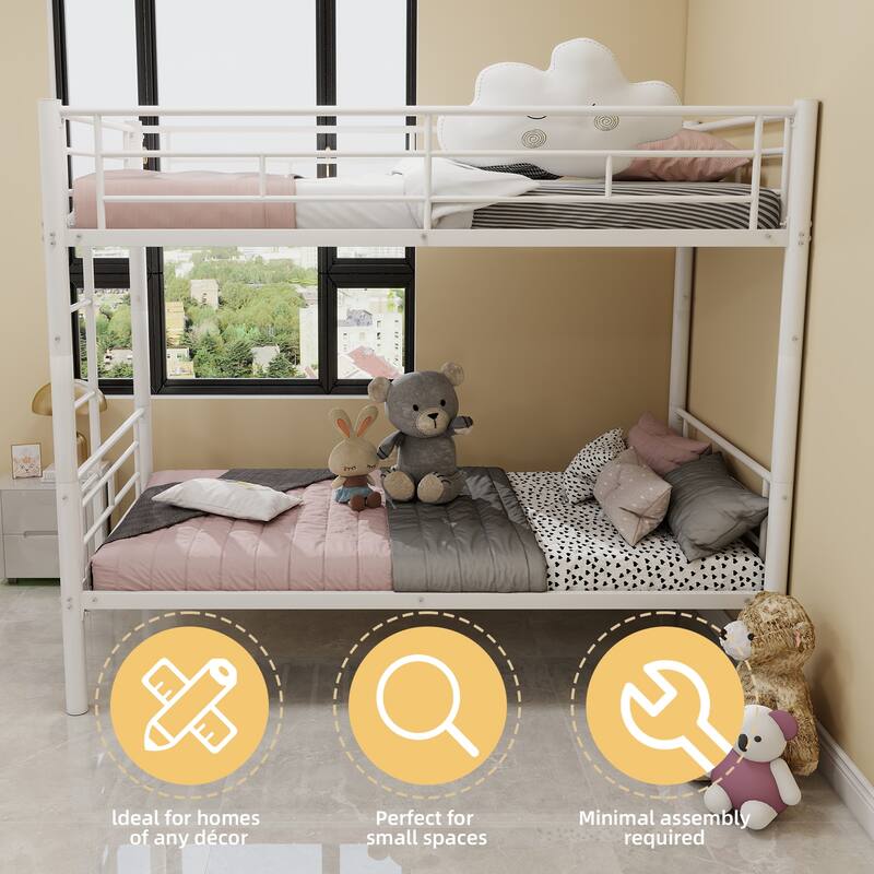 Convertible Twin Over Twin Metal Bunk Bed for Kids with Ladder & Guardrail, No Box Spring Needed