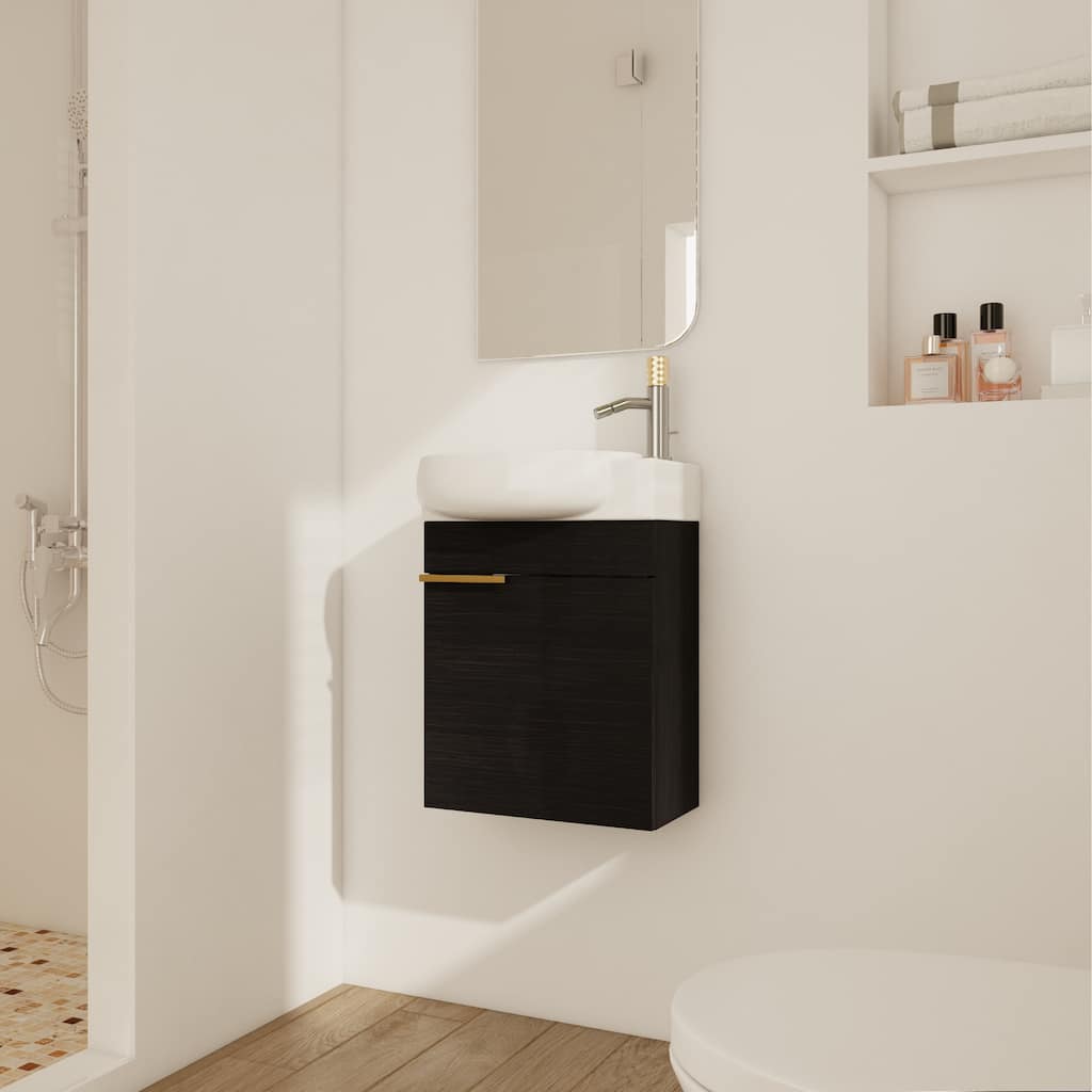 Wall Mounted Bathroom Vanity with Ceramic Sink, Soft-Close Door Hinges, Black Chestnut Finish for Small Spaces