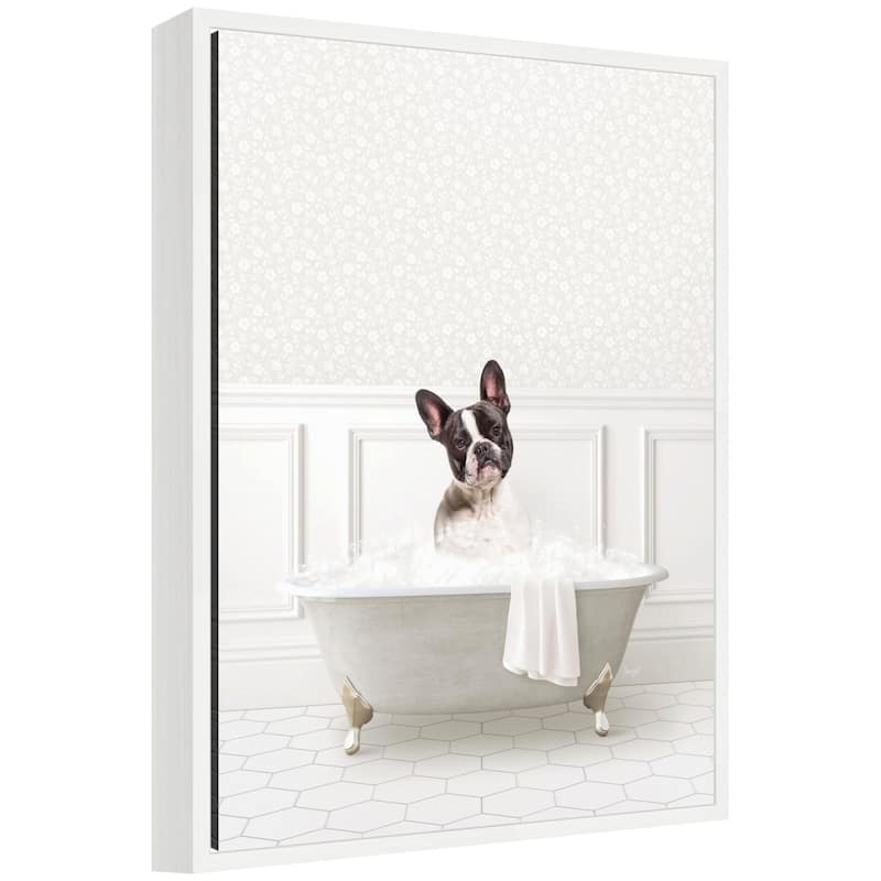 Kate and Laurel Sylvie French Bulldog in White Bathtub Framed Canvas by Amy Peterson - White
