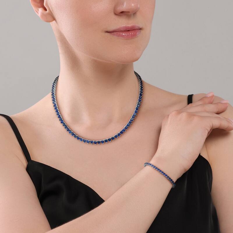 Miadora 42 5/8ct TGW Created Blue Sapphire Tennis Necklace and Bracelet Sterling Silver-18 + 7.5 in