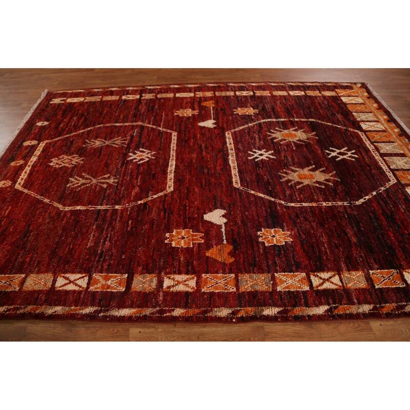Hand Knotted Oriental 100% Wool Carpet Modern Tribal Red Moroccan Area Rug - 9' 10'' X 7' 0''