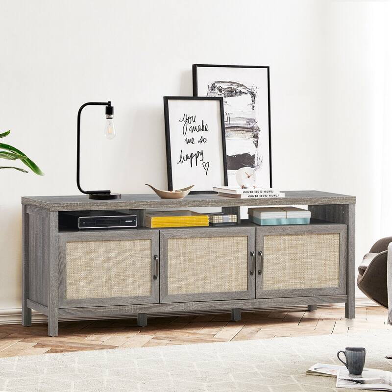 TV Entertainment Center for 65-Inch TVs with Solid Wood Legs and Shelves - 62" x 17.5" x 24.5"