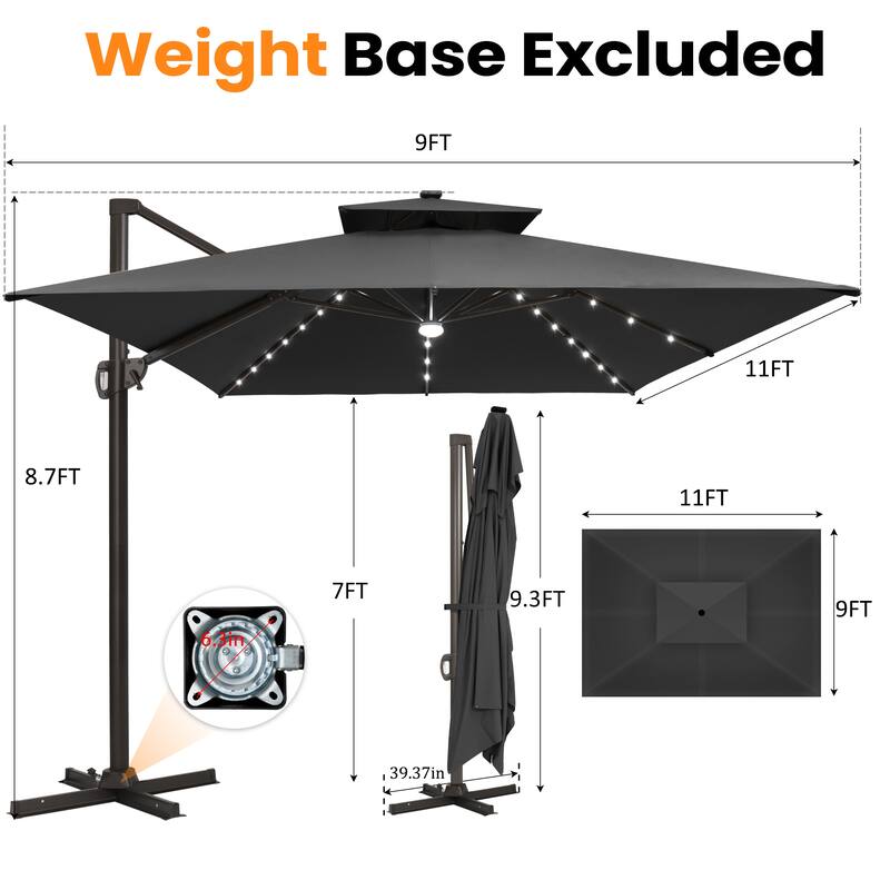 Solar LED Light 9 x 11FT Rectangular Outdoor Cantilever Patio Daul Top Umbrella without Base