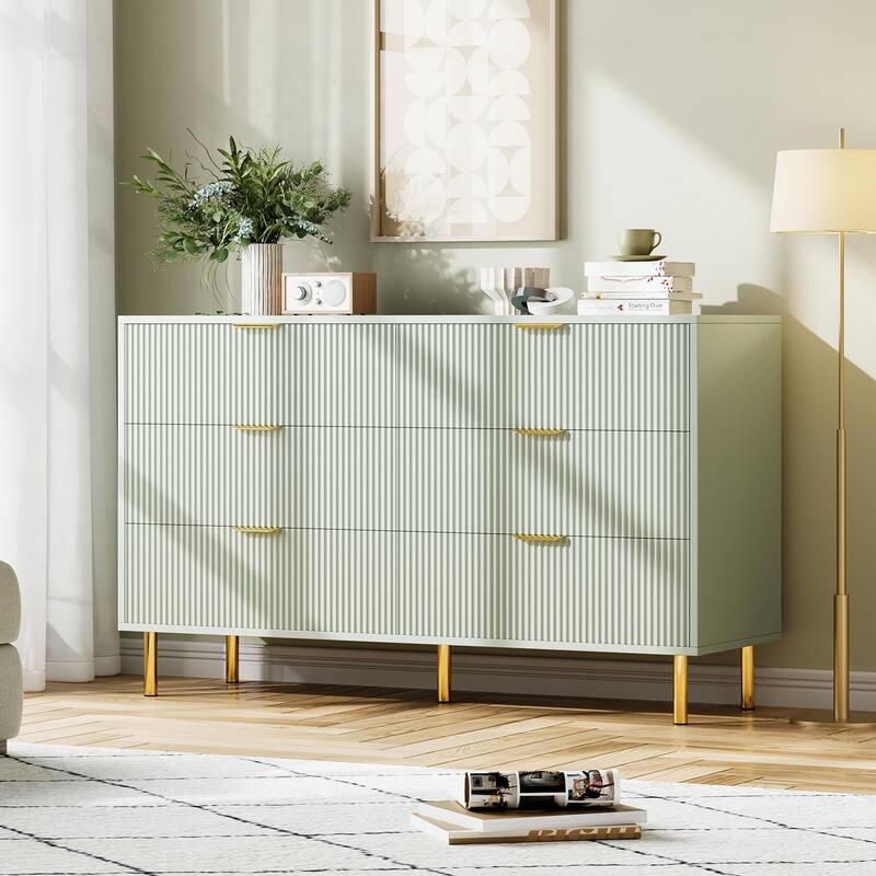 6 Drawer Dresser for Bedroom with Gold Handles, Modern Wooden Chest of Drawers - Green