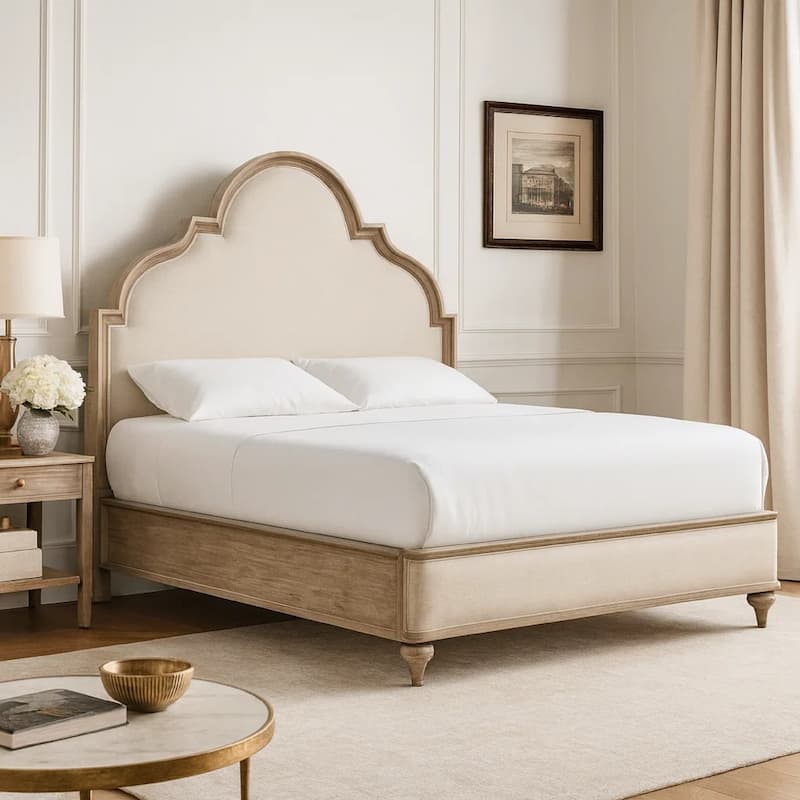 Lyla Queen Bed, Scalloped Ivory Upholstery, Rustic Oak Solid Wood