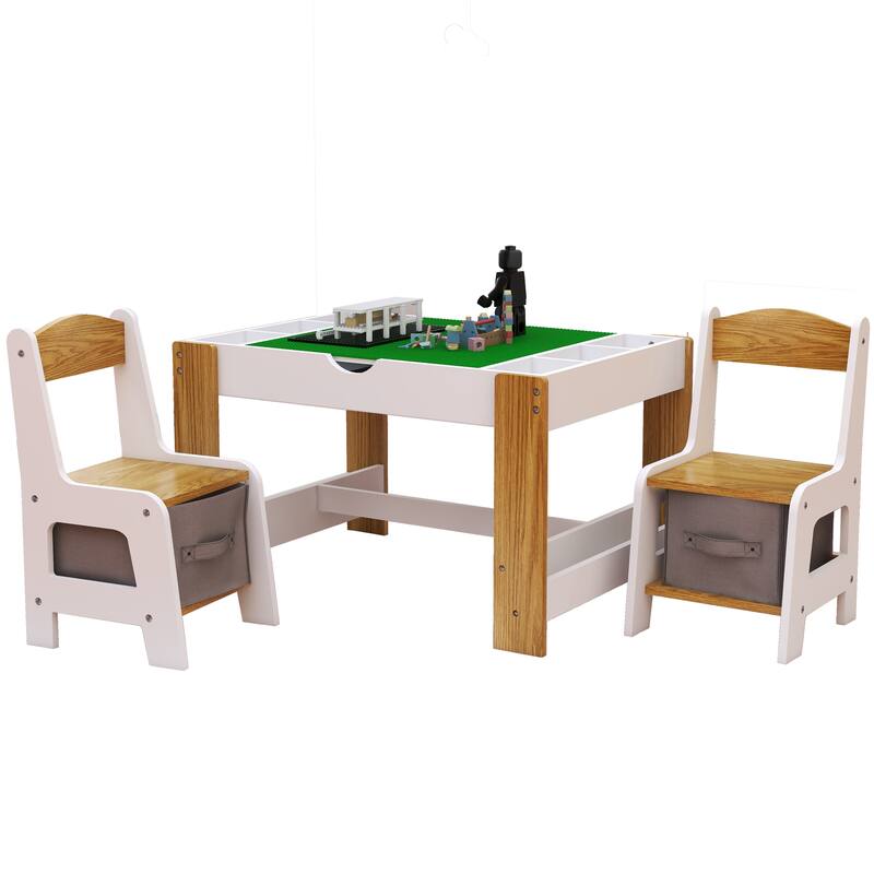 Anmytek White Kids 2 in 1 Activity Play Table and 2 Chairs Set with 7 Storage Compartments for Building Blocks