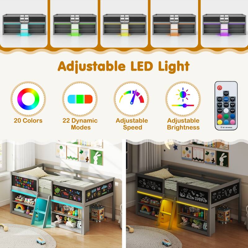 Twin Size Low Loft Bed with LED Lights and Storage Shelves Chalkboards Guardrails and Ladder