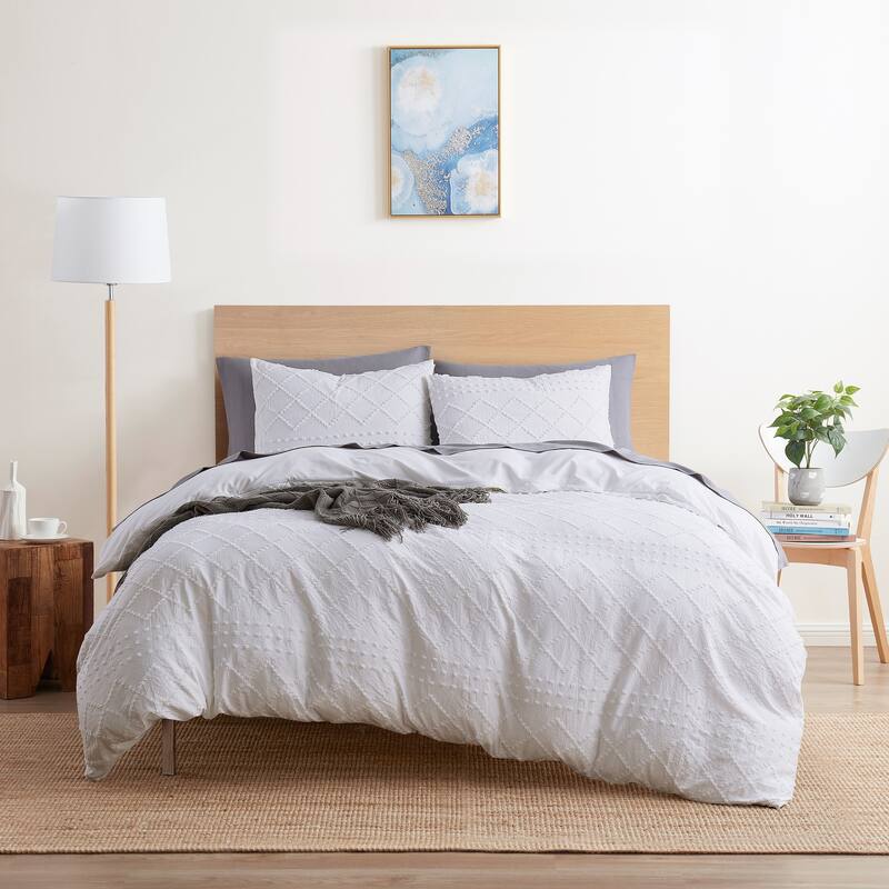 Nestl Boho Tufted Embroidery Double Brushed Duvet Cover with Button Closure - White - Dots & Diamonds - King