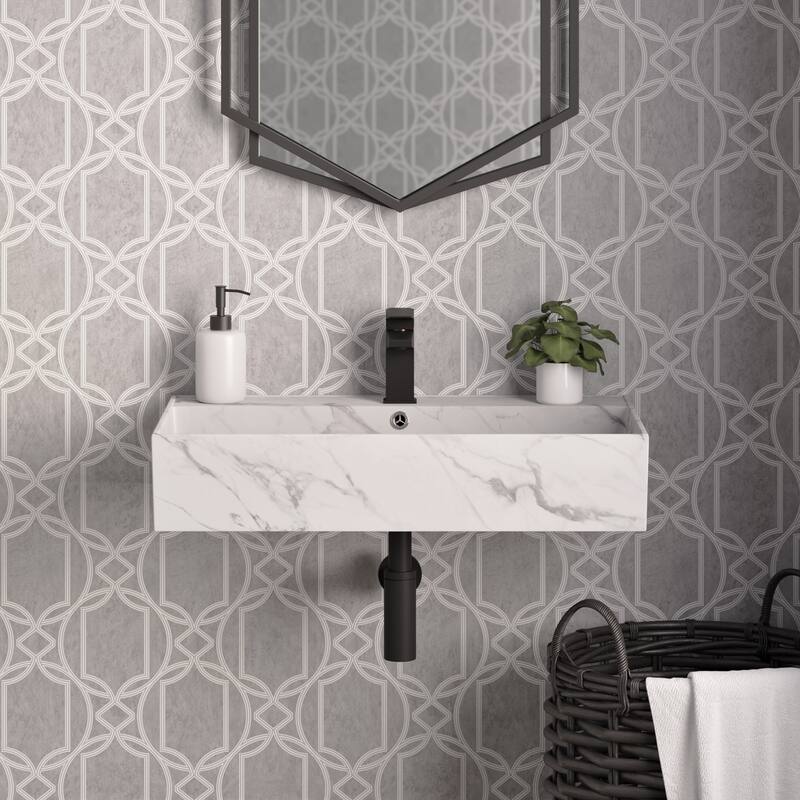 Reims 22" Rectangle Wall-Mount Bathroom Sink In White Marble - 22.05" x 12.4" 5.3"