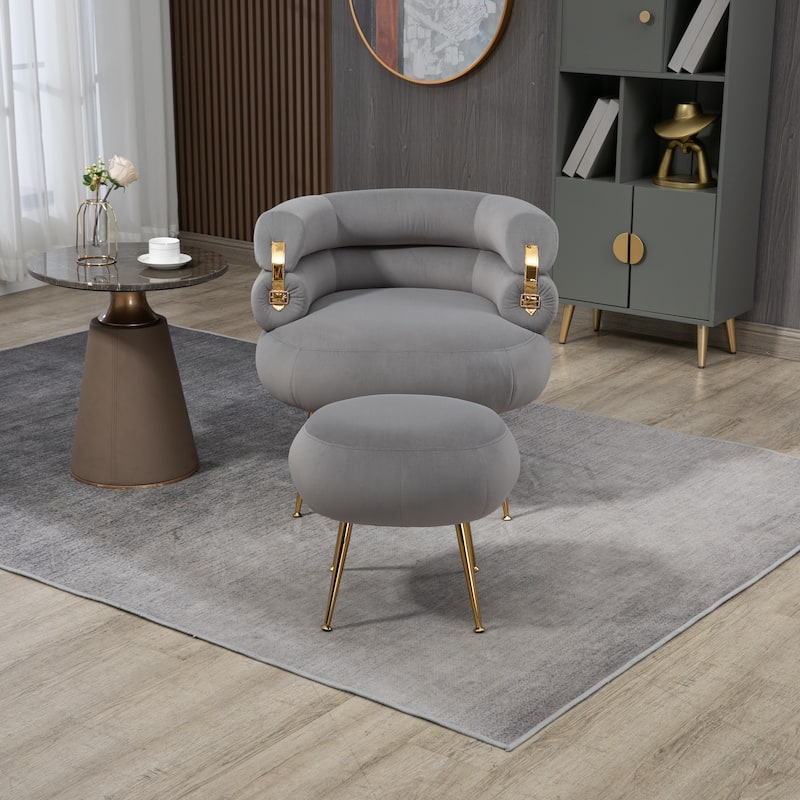 Velvet Upholstered Tubulous Accent Chair With Ottoman - Grey