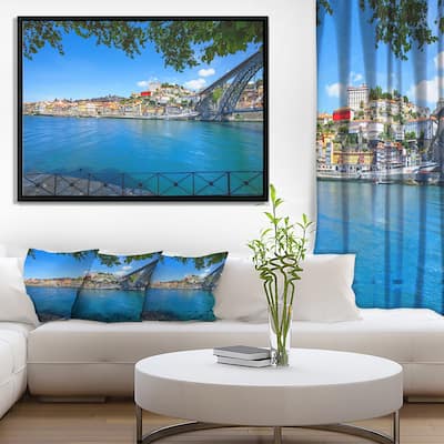 Designart "Douro River and Iron Bridge Portugal" Extra Large Landscape Framed Canvas Art