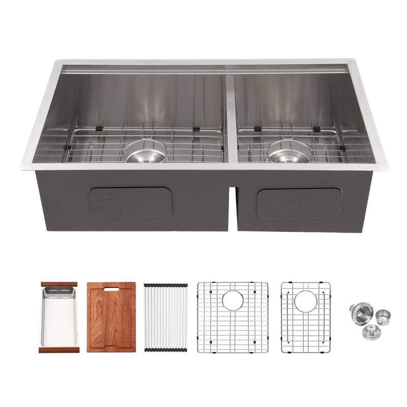 30-inch Undermount Kitchen Sink Low Divide Double Bowl 50/50 Prep Workstation Sink 16 Gauge Stainless Steel Kitchen Sink Basin - Bowl 60/40