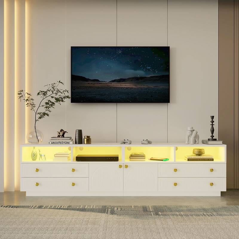 Gymojoy 86.6" LED TV Stand for 85-100 Inch TV, Modern Fluted Entertainment Center, 8 Drawers & Cabinet, Smart TV Console. - White. - 86"W.